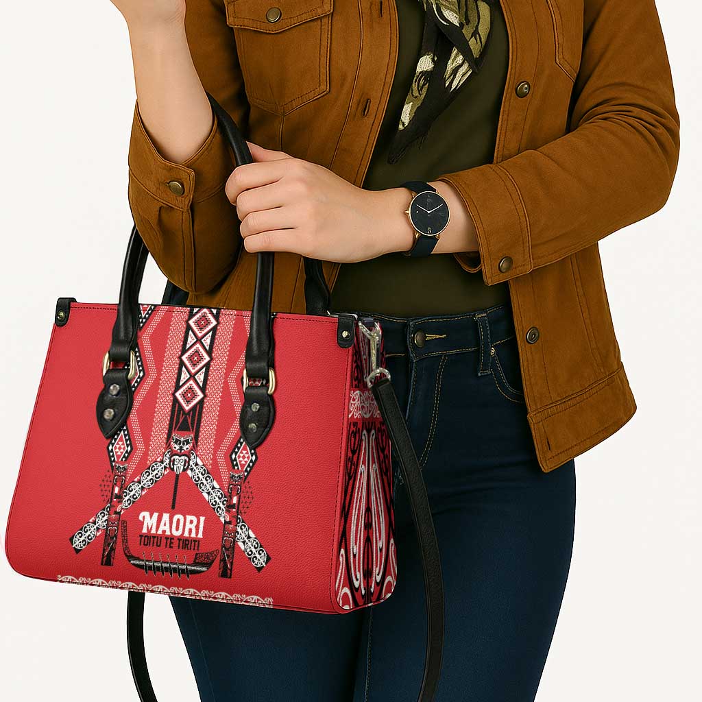 Toitu Te Tiriti Waitangi Leather Bag Red Wharenui House LT9 - Polynesian Pride