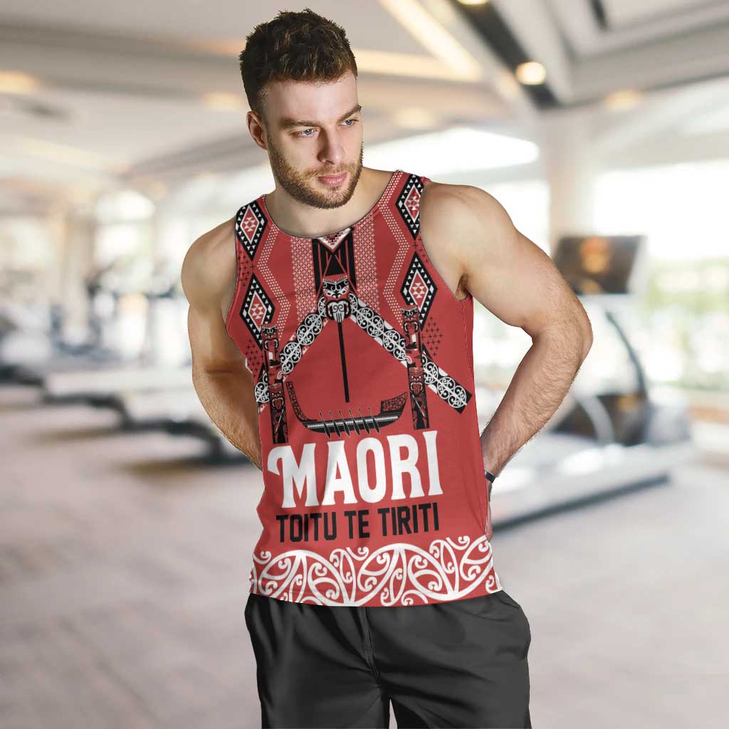 Toitu Te Tiriti Waitangi Men Tank Top Red Wharenui House LT9 Red - Polynesian Pride