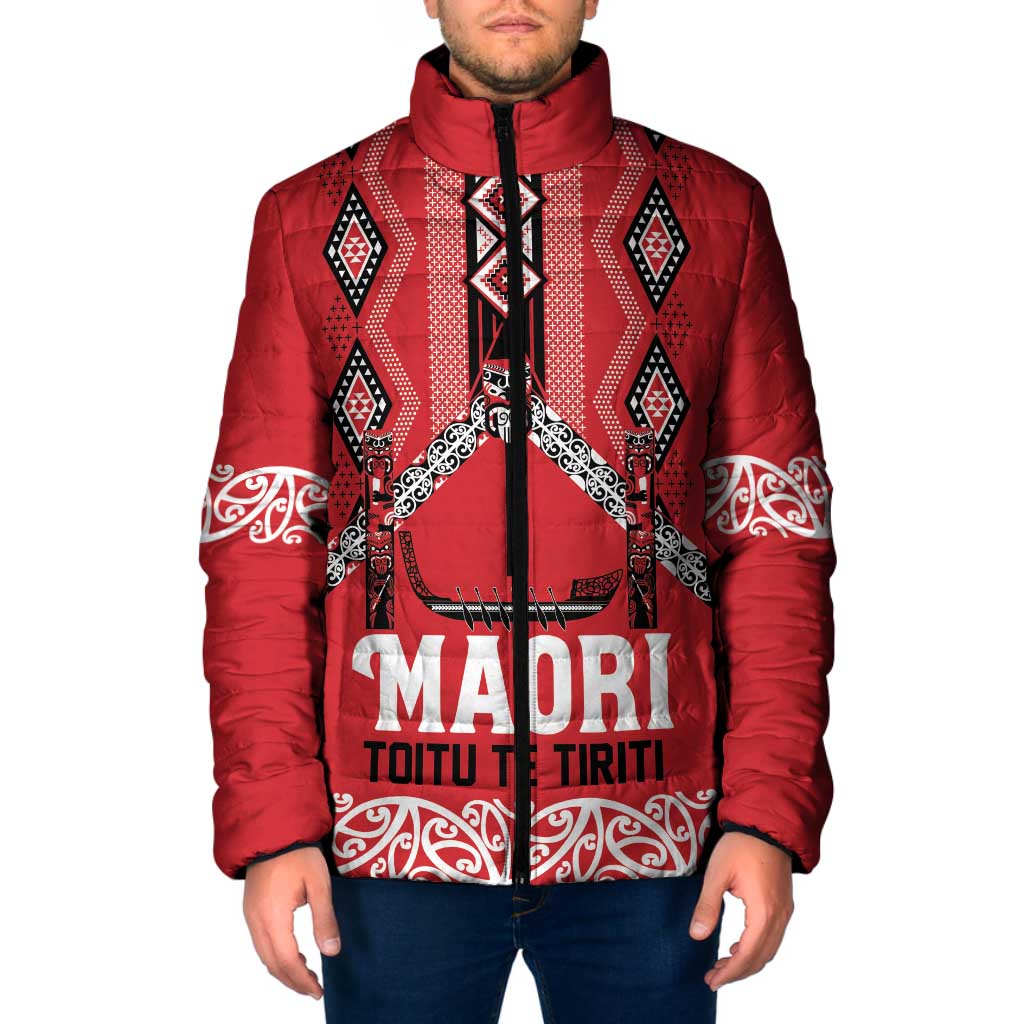 Toitu Te Tiriti Waitangi Padded Jacket Red Wharenui House LT9 Men Red - Polynesian Pride