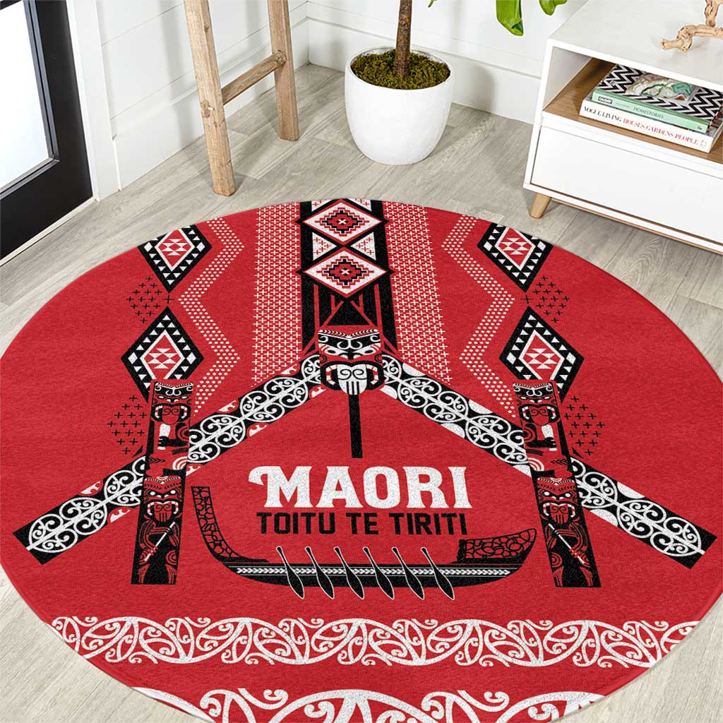 Toitu Te Tiriti Waitangi Round Carpet Red Wharenui House LT9 Red - Polynesian Pride