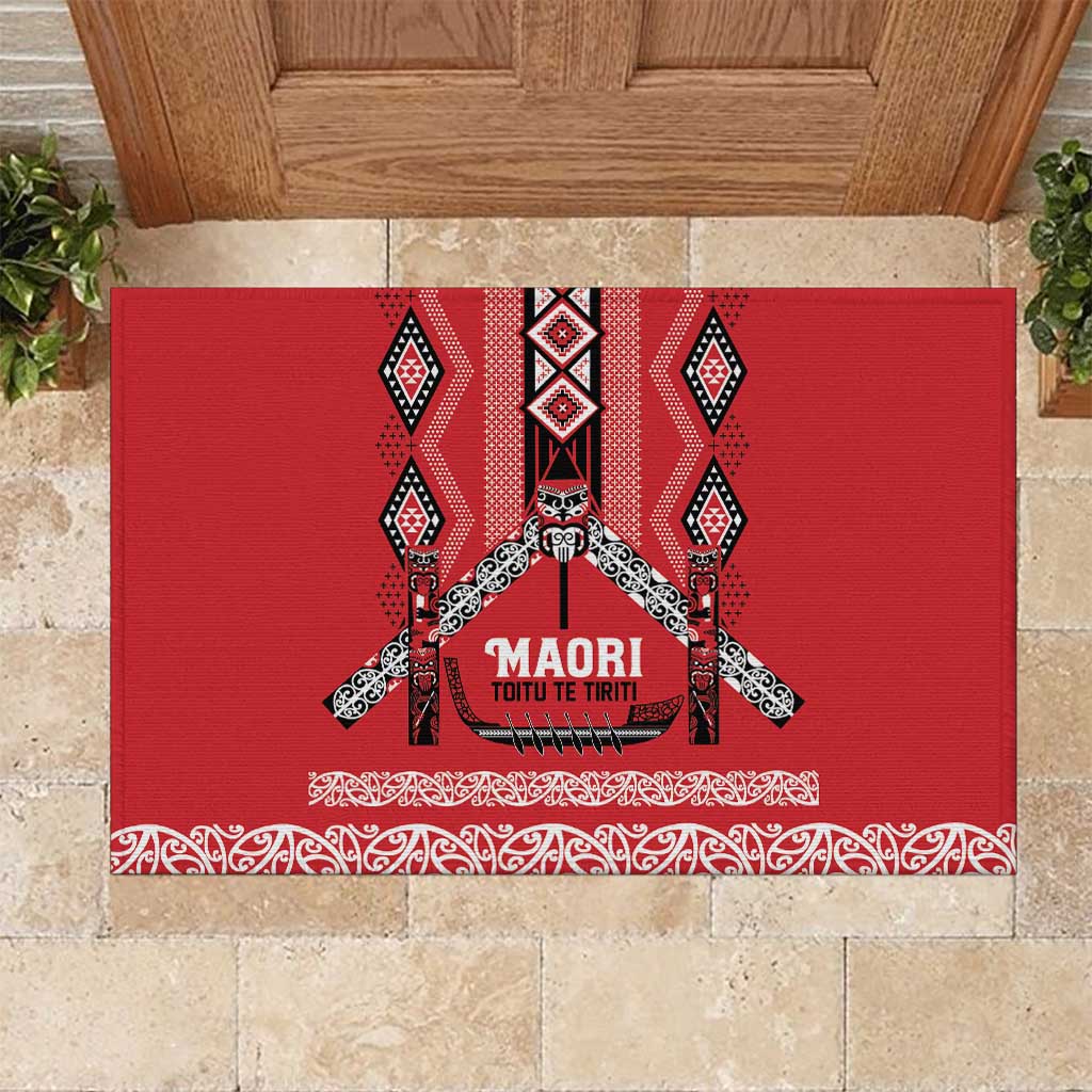 Toitu Te Tiriti Waitangi Rubber Doormat Red Wharenui House LT9 Red - Polynesian Pride