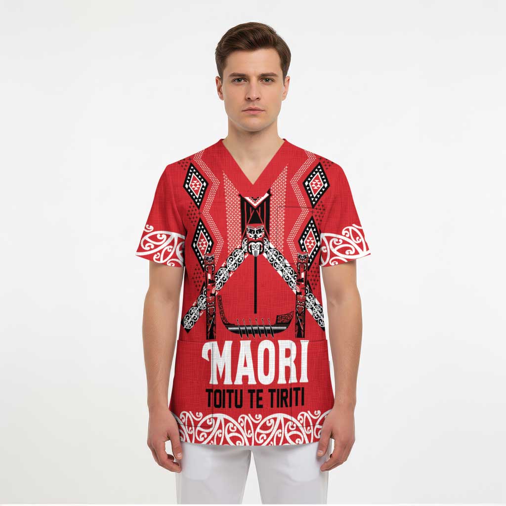 Toitu Te Tiriti Waitangi Scrub Top Red Wharenui House LT9 - Polynesian Pride
