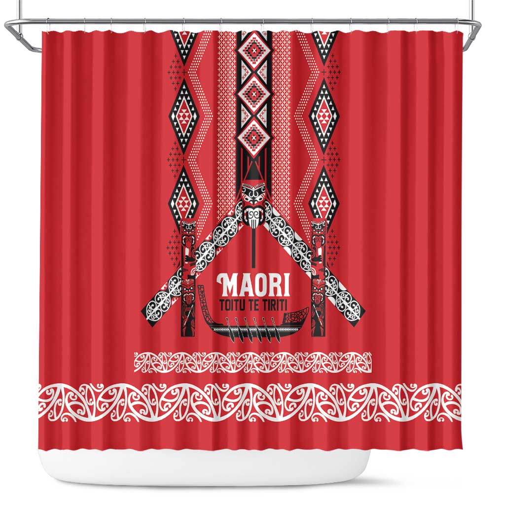 Toitu Te Tiriti Waitangi Shower Curtain Red Wharenui House LT9 Red - Polynesian Pride