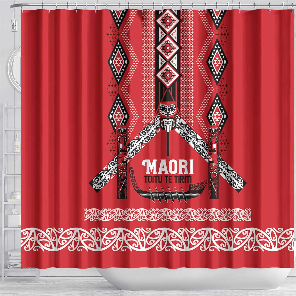 Toitu Te Tiriti Waitangi Shower Curtain Red Wharenui House LT9 - Polynesian Pride