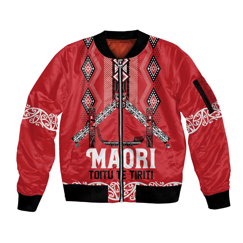 Toitu Te Tiriti Waitangi Sleeve Zip Bomber Jacket Red Wharenui House LT9 Unisex Red - Polynesian Pride