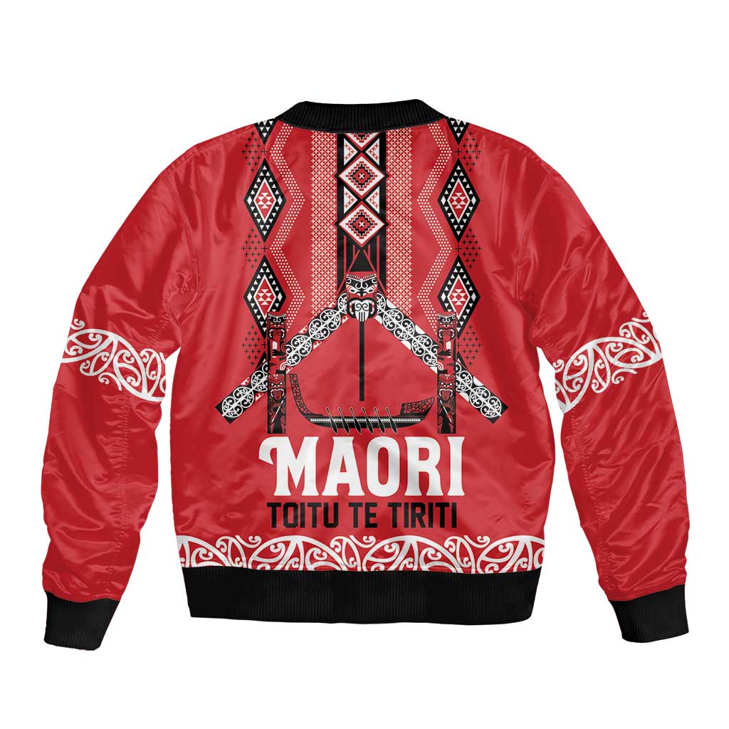 Toitu Te Tiriti Waitangi Sleeve Zip Bomber Jacket Red Wharenui House LT9 - Polynesian Pride