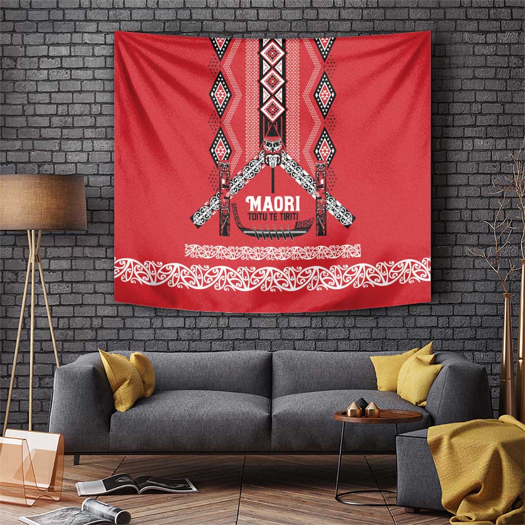 Toitu Te Tiriti Waitangi Tapestry Red Wharenui House LT9 Red - Polynesian Pride
