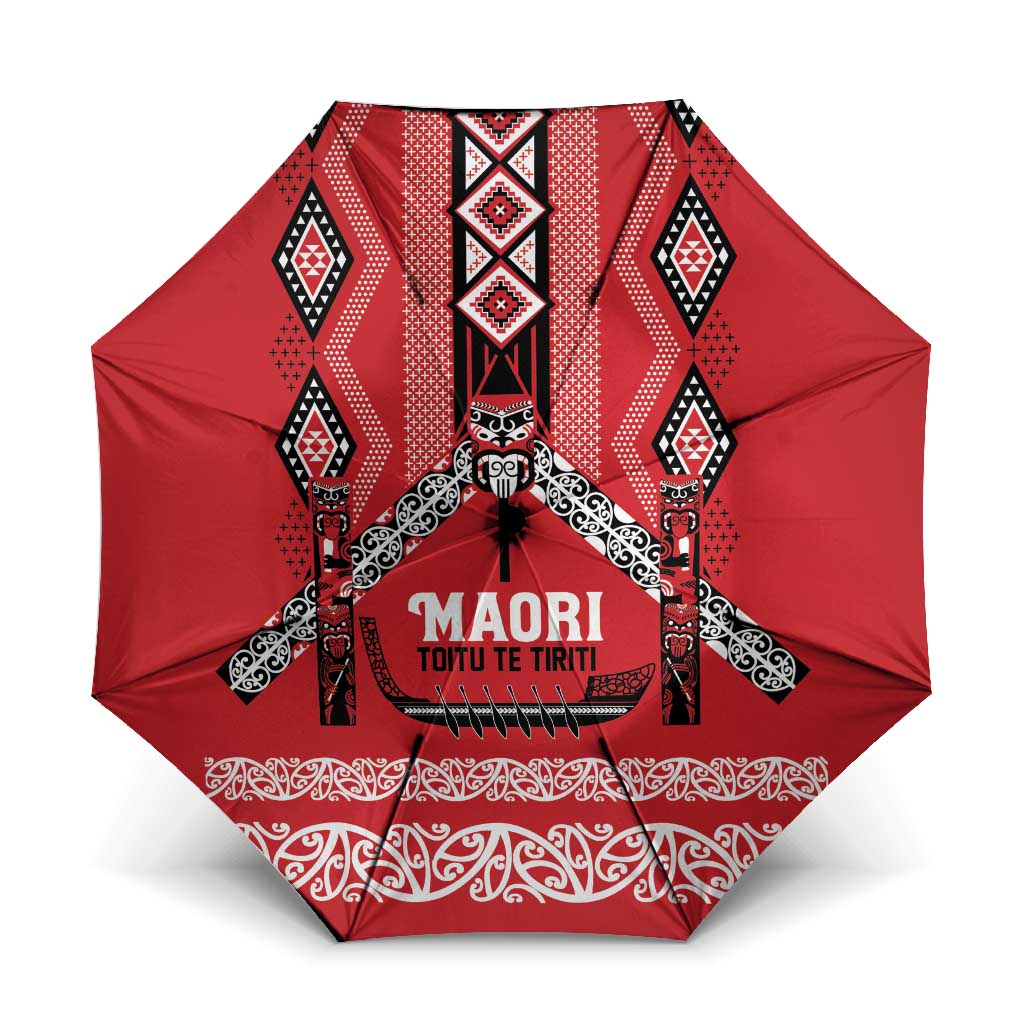 Toitu Te Tiriti Waitangi Umbrella Red Wharenui House LT9 One Size Folded 11.42 inch Opened Diameter 37.4 inch Red - Polynesian Pride