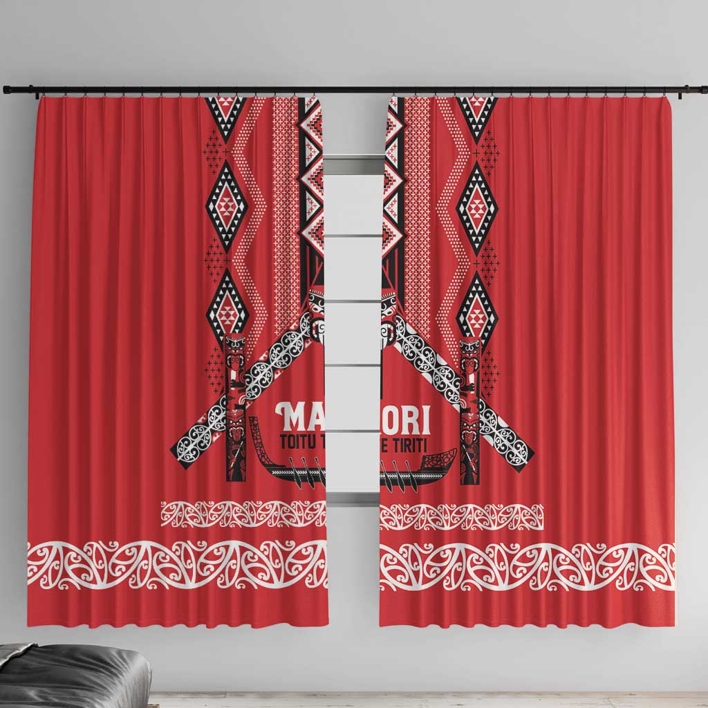 Toitu Te Tiriti Waitangi Window Curtain Red Wharenui House LT9 With Hooks Red - Polynesian Pride