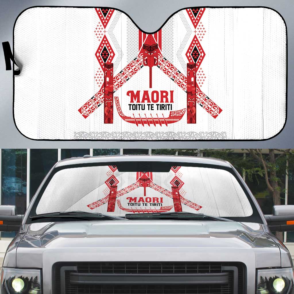 Toitu Te Tiriti Waitangi Auto Sun Shade White Wharenui House LT9 white - Polynesian Pride