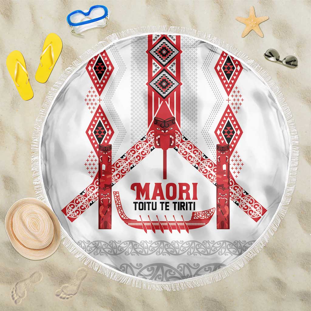 Toitu Te Tiriti Waitangi Beach Blanket White Wharenui House LT9 One Size 150cm white - Polynesian Pride