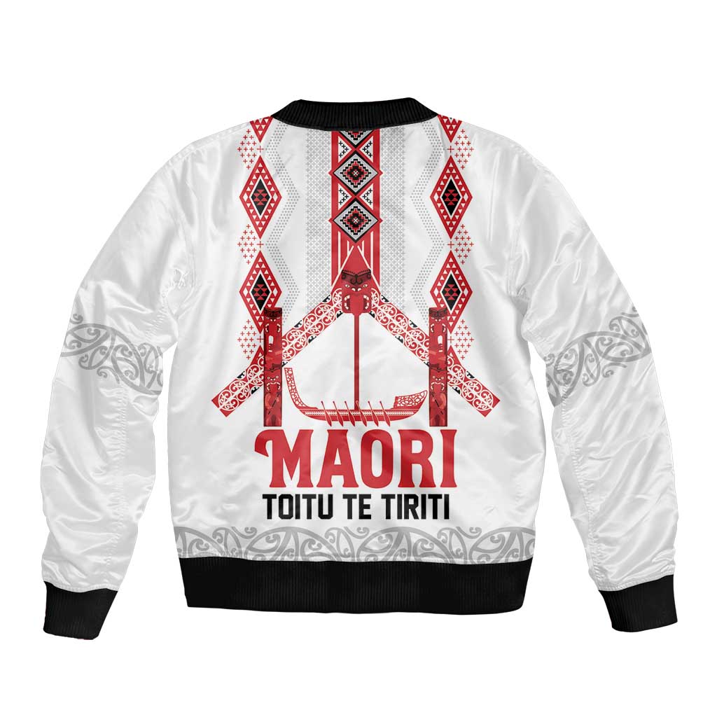Toitu Te Tiriti Waitangi Bomber Jacket White Wharenui House LT9 - Polynesian Pride