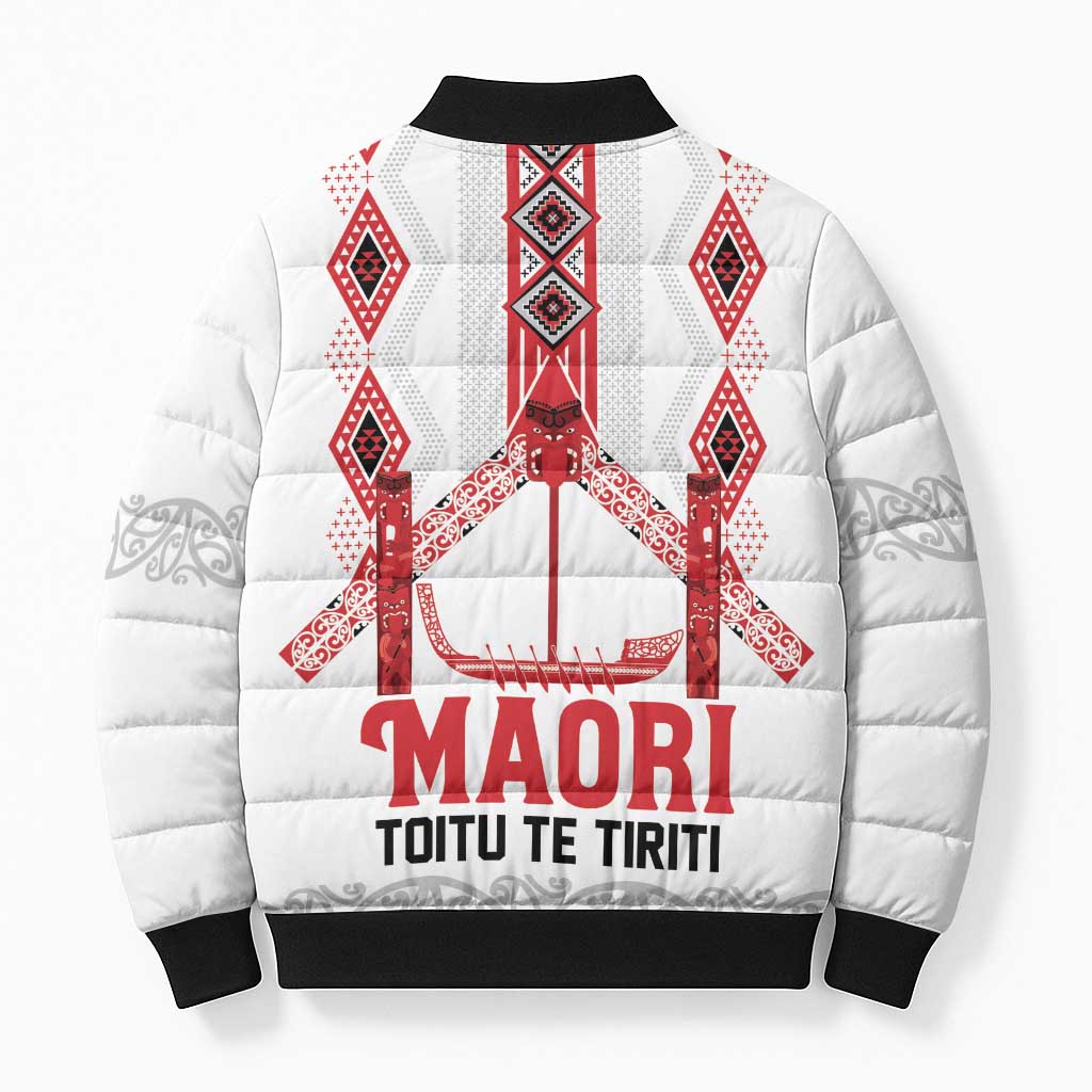 Toitu Te Tiriti Waitangi Bomber Puffer Jacket White Wharenui House LT9 - Polynesian Pride
