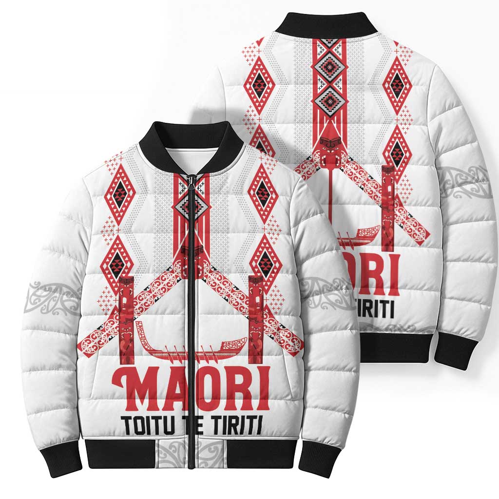 Toitu Te Tiriti Waitangi Bomber Puffer Jacket White Wharenui House LT9 - Polynesian Pride