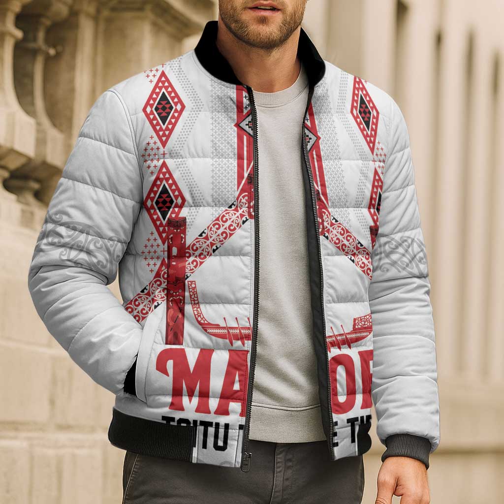 Toitu Te Tiriti Waitangi Bomber Puffer Jacket White Wharenui House LT9 - Polynesian Pride