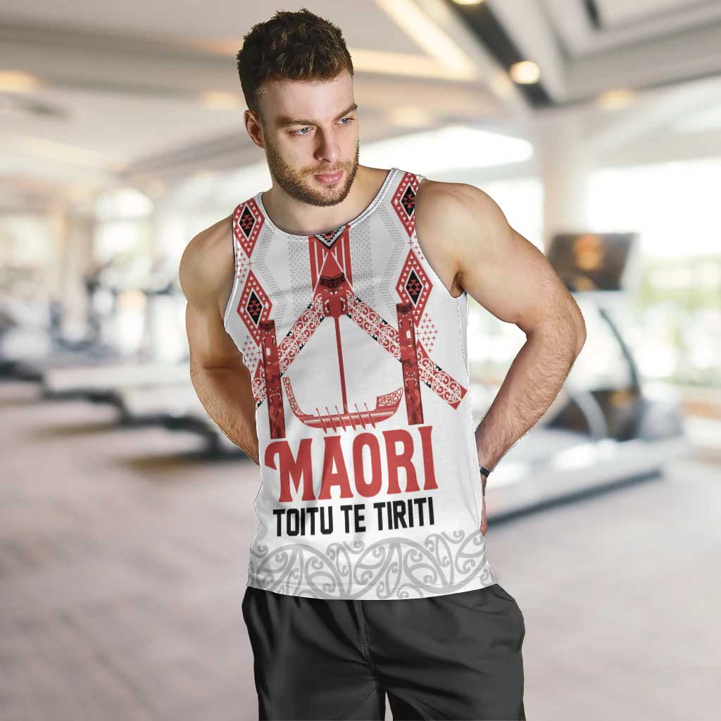 Toitu Te Tiriti Waitangi Men Tank Top White Wharenui House LT9 white - Polynesian Pride