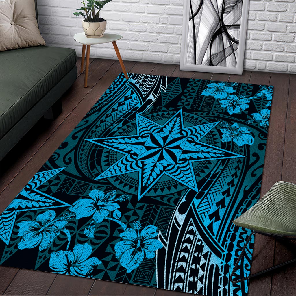 Vintage Tonga Tribal Ngatu Pattern Area Rug With Pacific Floral Aqua Art LT9 Aqua - Polynesian Pride