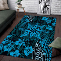 Vintage Tonga Tribal Ngatu Pattern Area Rug With Pacific Floral Aqua Art LT9 Aqua - Polynesian Pride