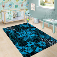 Vintage Tonga Tribal Ngatu Pattern Area Rug With Pacific Floral Aqua Art LT9 - Polynesian Pride