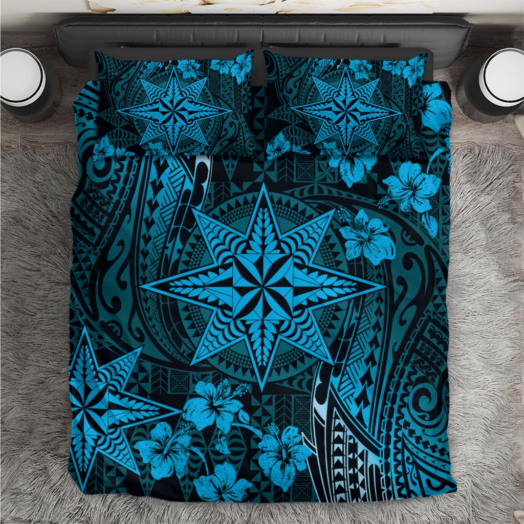 Vintage Tonga Tribal Ngatu Pattern Bedding Set With Pacific Floral Aqua Art LT9 Aqua - Polynesian Pride