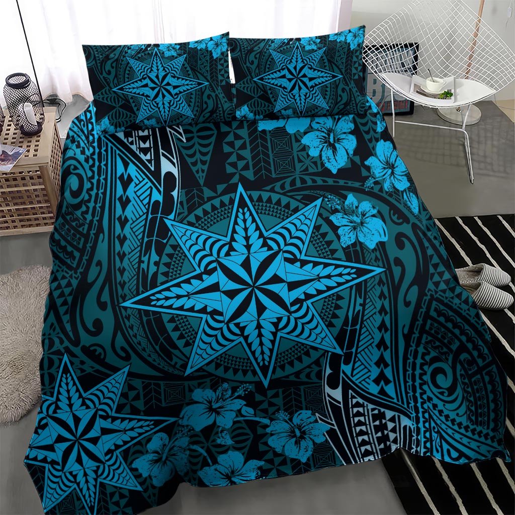 Vintage Tonga Tribal Ngatu Pattern Bedding Set With Pacific Floral Aqua Art LT9 - Polynesian Pride