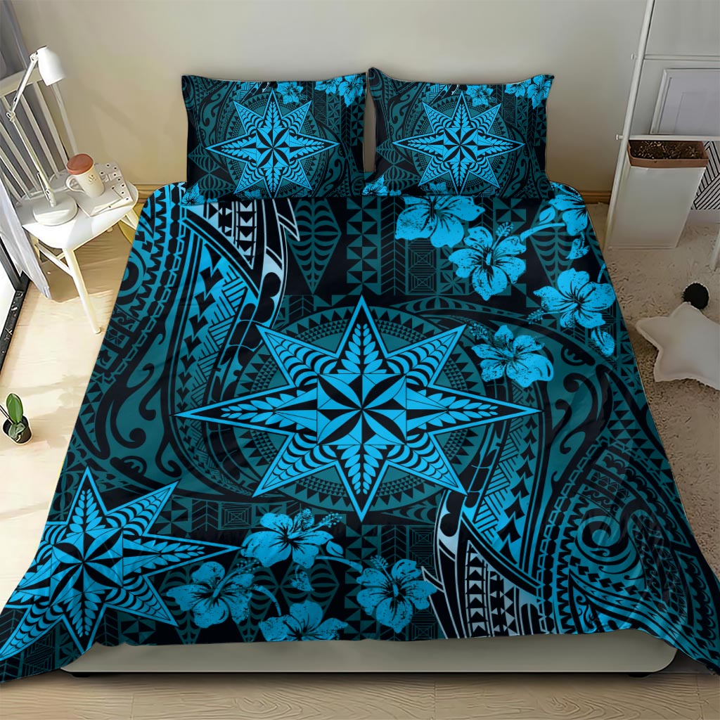 Vintage Tonga Tribal Ngatu Pattern Bedding Set With Pacific Floral Aqua Art LT9 - Polynesian Pride