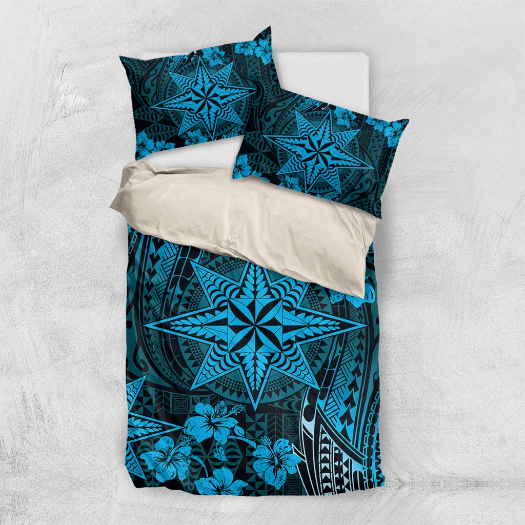 Vintage Tonga Tribal Ngatu Pattern Bedding Set With Pacific Floral Aqua Art LT9 US Twin 172cm x 218cm Aqua - Polynesian Pride