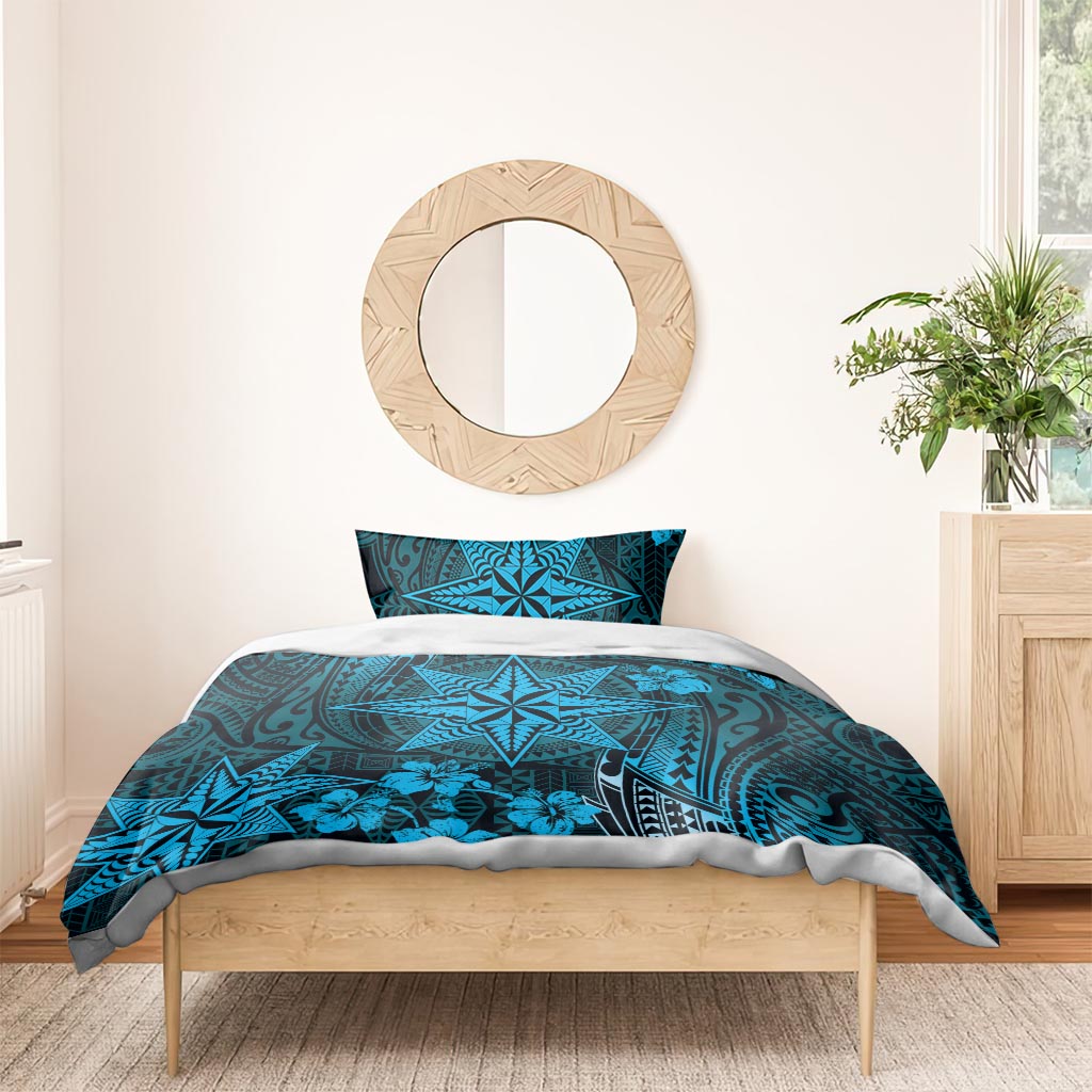 Vintage Tonga Tribal Ngatu Pattern Bedding Set With Pacific Floral Aqua Art LT9 - Polynesian Pride