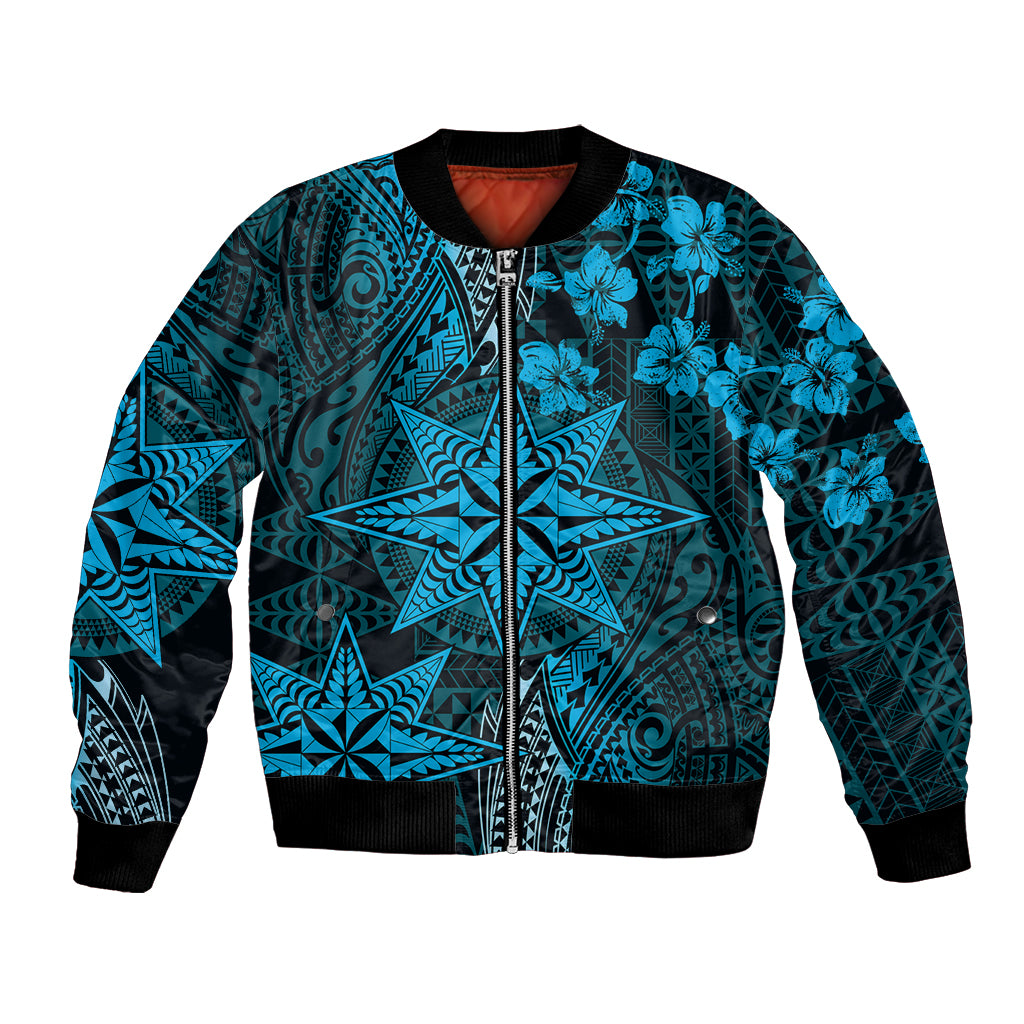 Vintage Tonga Tribal Ngatu Pattern Bomber Jacket With Pacific Floral Aqua Art LT9 Unisex Aqua - Polynesian Pride