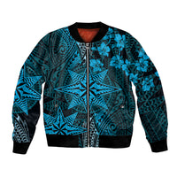 Vintage Tonga Tribal Ngatu Pattern Bomber Jacket With Pacific Floral Aqua Art LT9 Unisex Aqua - Polynesian Pride