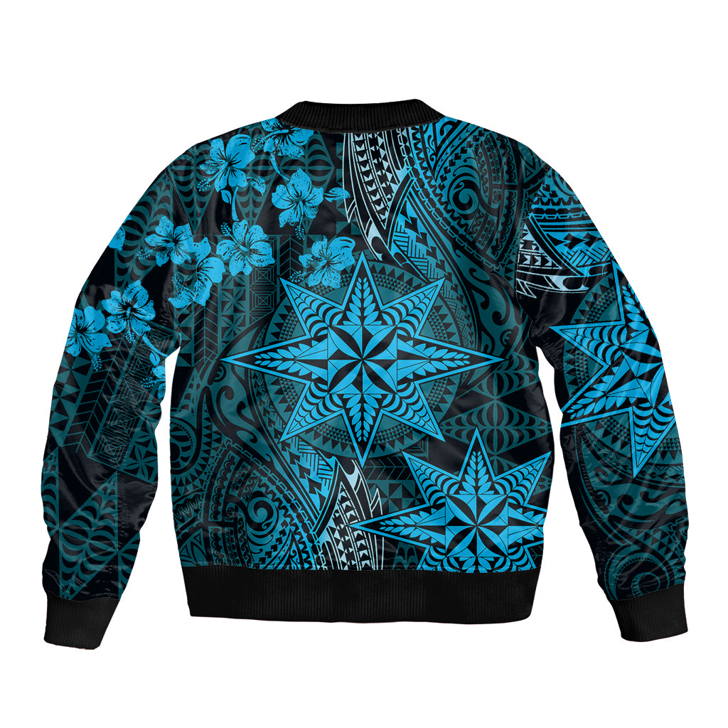 Vintage Tonga Tribal Ngatu Pattern Bomber Jacket With Pacific Floral Aqua Art LT9 - Polynesian Pride