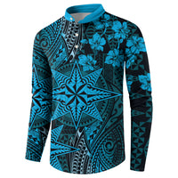 Vintage Tonga Tribal Ngatu Pattern Button Sweatshirt With Pacific Floral Aqua Art LT9 - Polynesian Pride