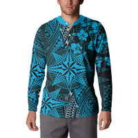 Vintage Tonga Tribal Ngatu Pattern Button Sweatshirt With Pacific Floral Aqua Art LT9 - Polynesian Pride