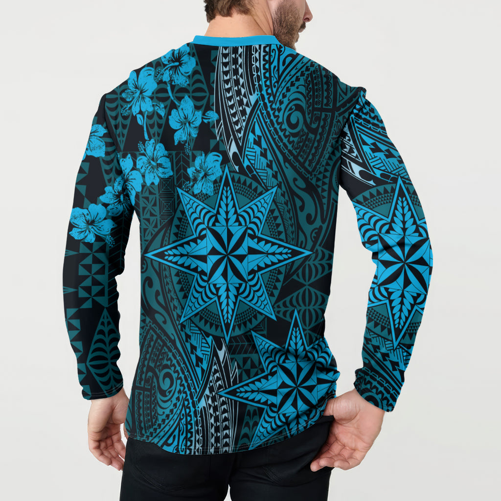 Vintage Tonga Tribal Ngatu Pattern Button Sweatshirt With Pacific Floral Aqua Art LT9 - Polynesian Pride