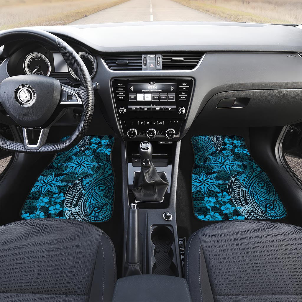 Vintage Tonga Tribal Ngatu Pattern Car Mats With Pacific Floral Aqua Art LT9 Set 2pcs - Front Aqua - Polynesian Pride