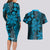 Vintage Tonga Tribal Ngatu Pattern Couples Matching Long Sleeve Bodycon Dress and Hawaiian Shirt With Pacific Floral Aqua Art