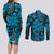 Vintage Tonga Tribal Ngatu Pattern Couples Matching Long Sleeve Bodycon Dress and Long Sleeve Button Shirt With Pacific Floral Aqua Art