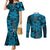 Vintage Tonga Tribal Ngatu Pattern Couples Matching Mermaid Dress and Long Sleeve Button Shirt With Pacific Floral Aqua Art