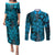 Vintage Tonga Tribal Ngatu Pattern Couples Matching Puletasi and Long Sleeve Button Shirt With Pacific Floral Aqua Art