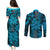 Vintage Tonga Tribal Ngatu Pattern Couples Matching Puletasi and Long Sleeve Button Shirt With Pacific Floral Aqua Art