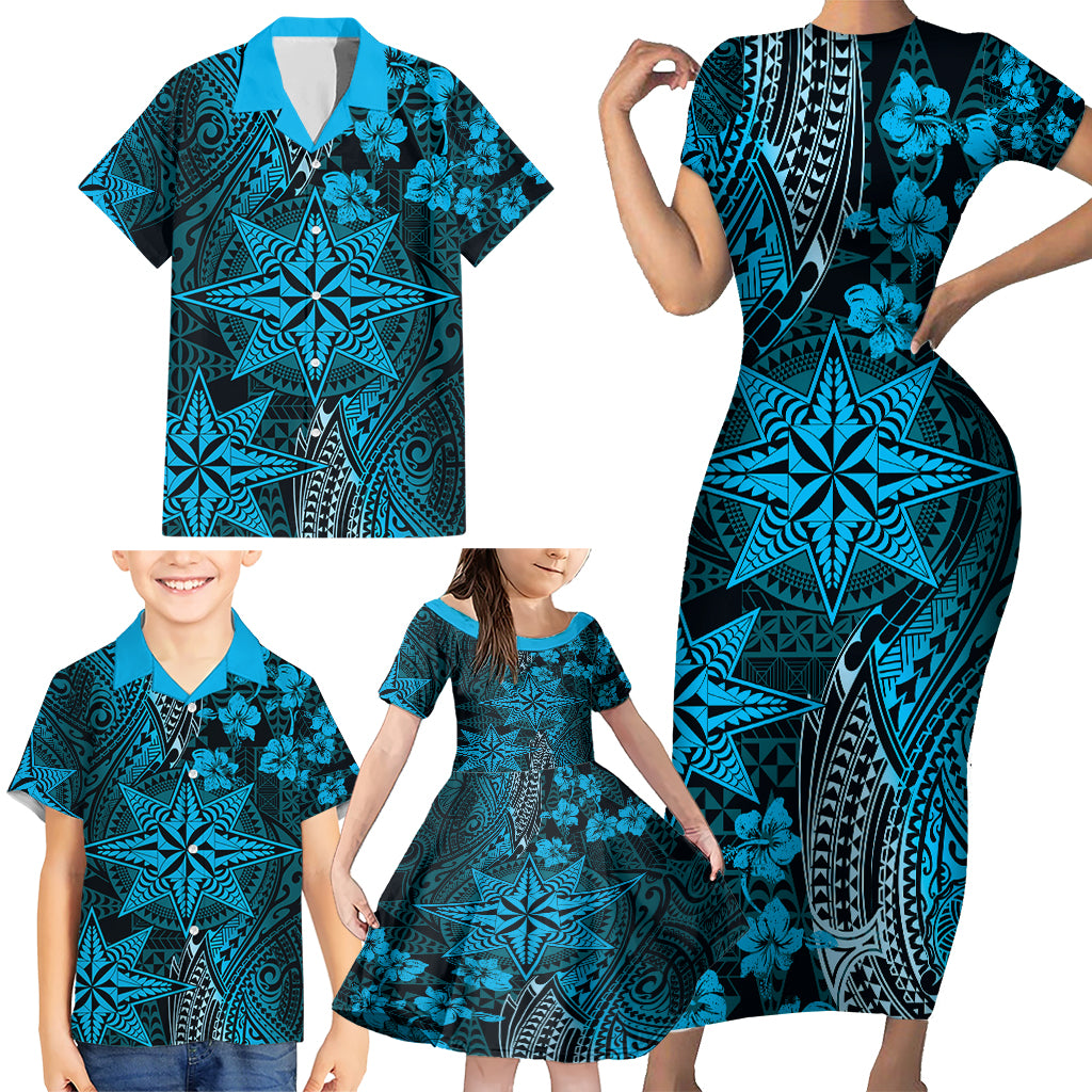 Vintage Tonga Tribal Ngatu Pattern Family Matching Short Sleeve Bodycon Dress and Hawaiian Shirt With Pacific Floral Aqua Art