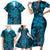 Vintage Tonga Tribal Ngatu Pattern Family Matching Short Sleeve Bodycon Dress and Hawaiian Shirt With Pacific Floral Aqua Art