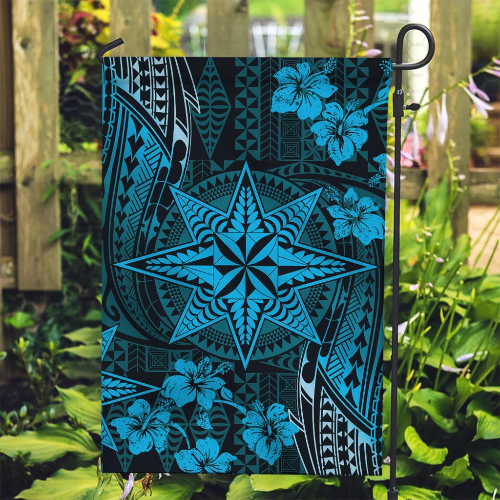 Vintage Tonga Tribal Ngatu Pattern Garden Flag With Pacific Floral Aqua Art LT9 Garden Flag Aqua - Polynesian Pride