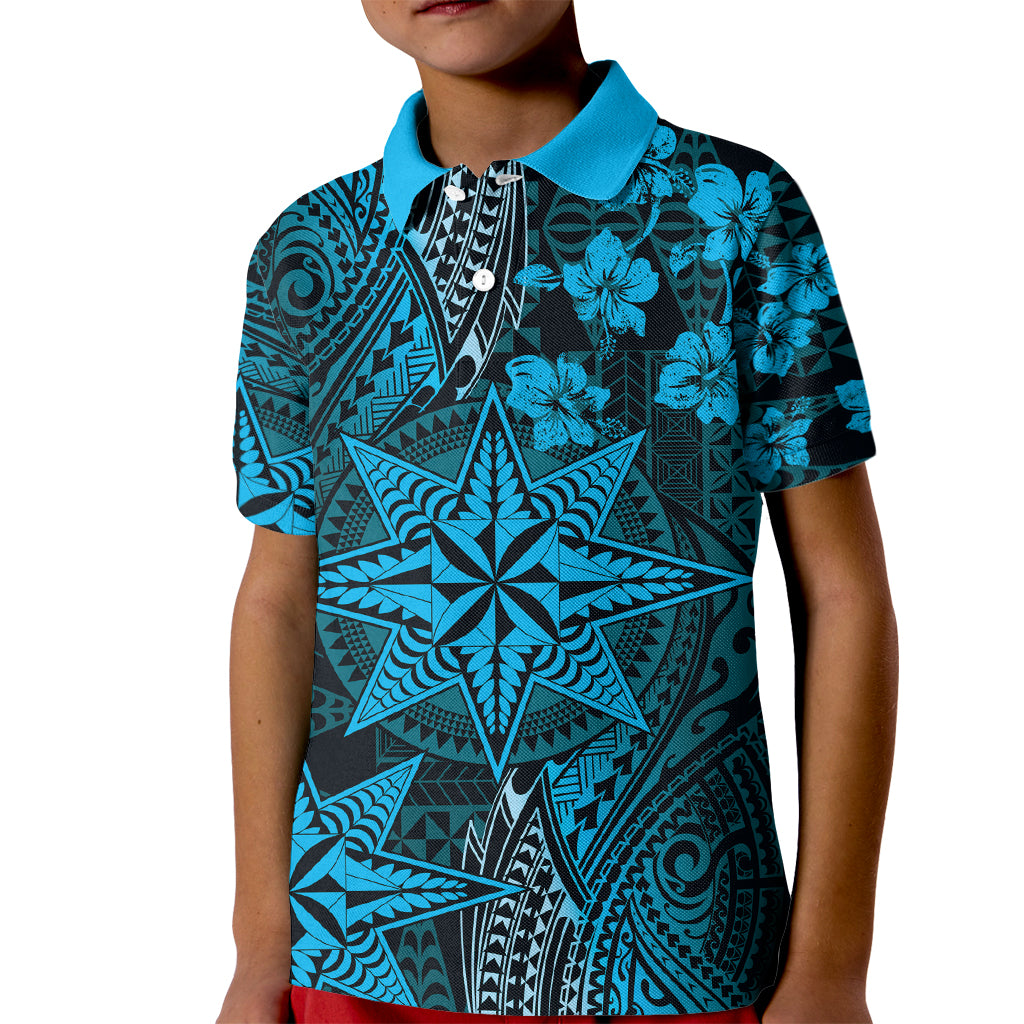 Vintage Tonga Tribal Ngatu Pattern Kid Polo Shirt With Pacific Floral Aqua Art LT9 Kid Aqua - Polynesian Pride