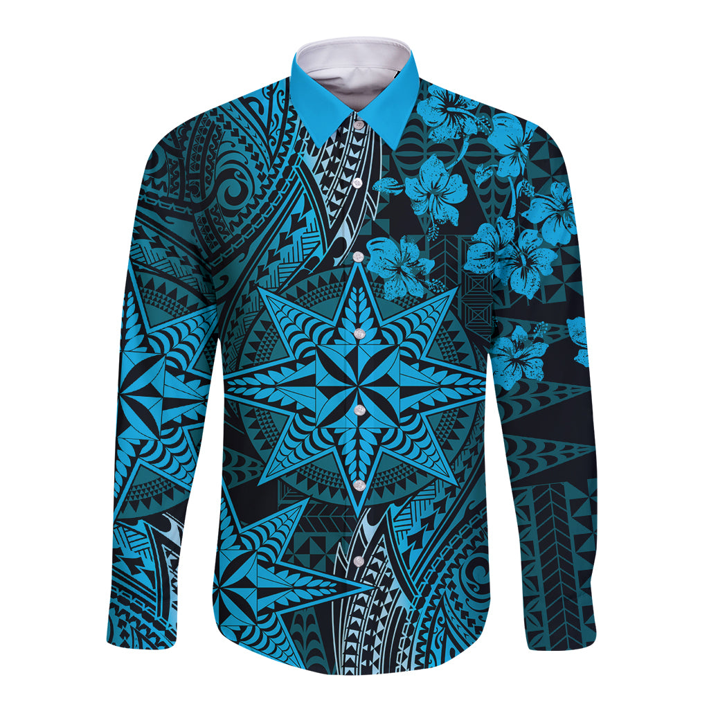 Vintage Tonga Tribal Ngatu Pattern Long Sleeve Button Shirt With Pacific Floral Aqua Art LT9 Unisex Aqua - Polynesian Pride
