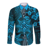 Vintage Tonga Tribal Ngatu Pattern Long Sleeve Button Shirt With Pacific Floral Aqua Art LT9 Unisex Aqua - Polynesian Pride