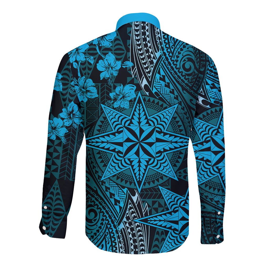 Vintage Tonga Tribal Ngatu Pattern Long Sleeve Button Shirt With Pacific Floral Aqua Art LT9 - Polynesian Pride