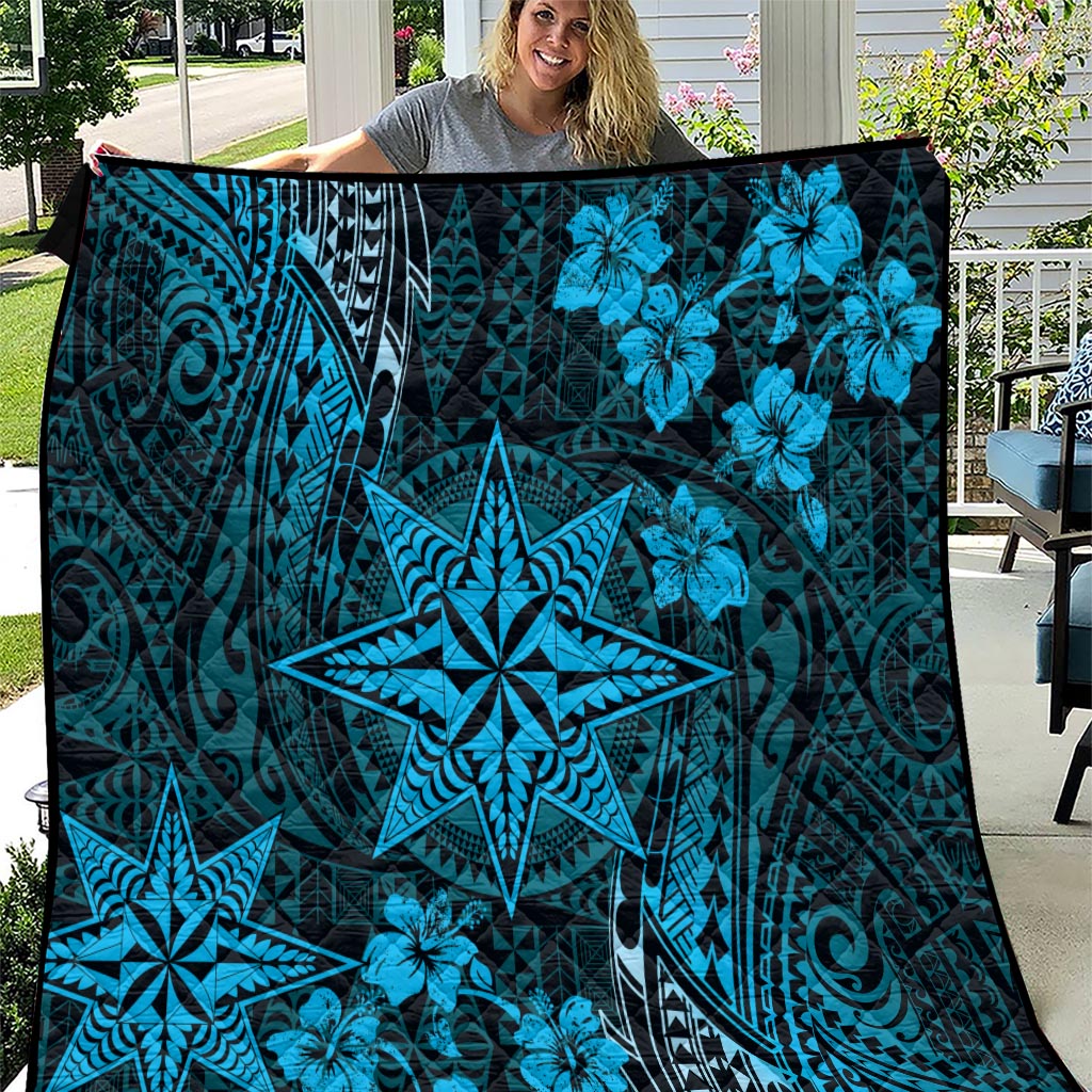 Vintage Tonga Tribal Ngatu Pattern Quilt With Pacific Floral Aqua Art LT9 Aqua - Polynesian Pride