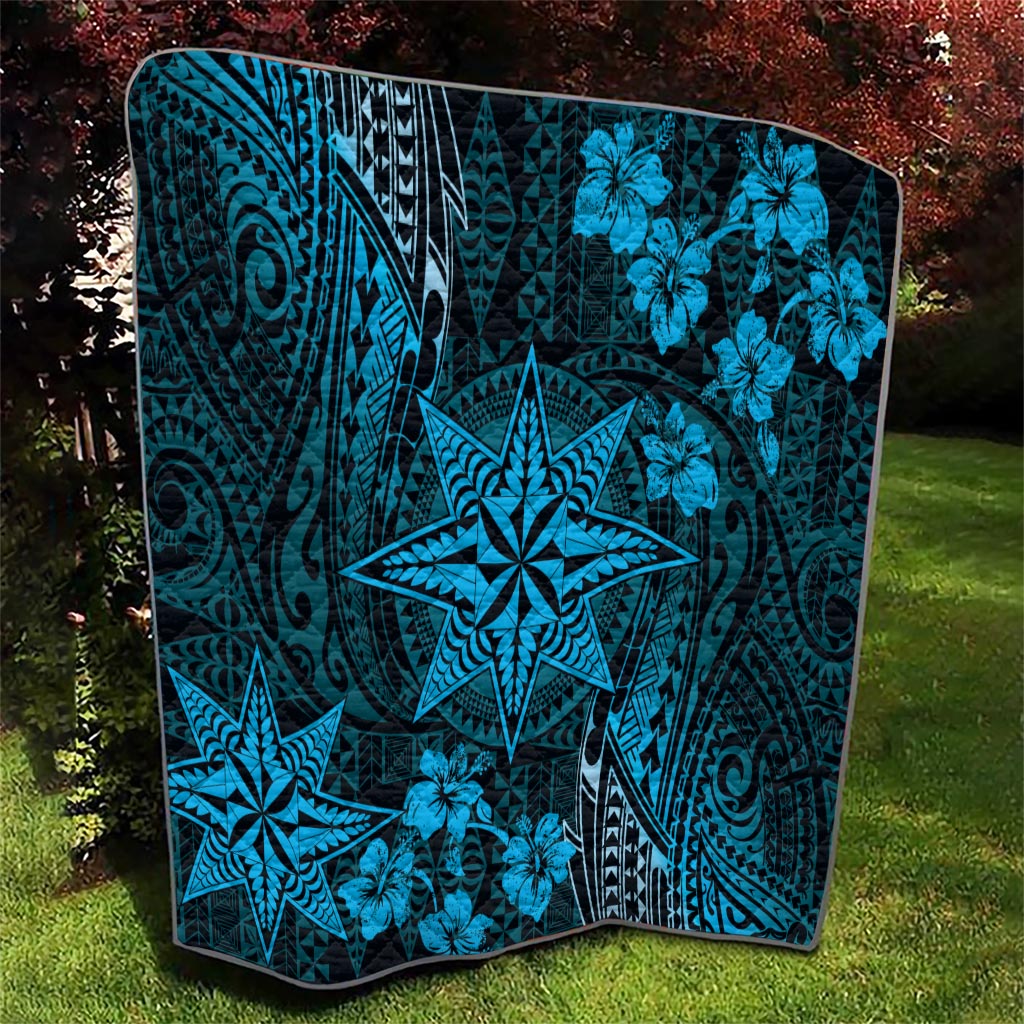 Vintage Tonga Tribal Ngatu Pattern Quilt With Pacific Floral Aqua Art LT9 - Polynesian Pride