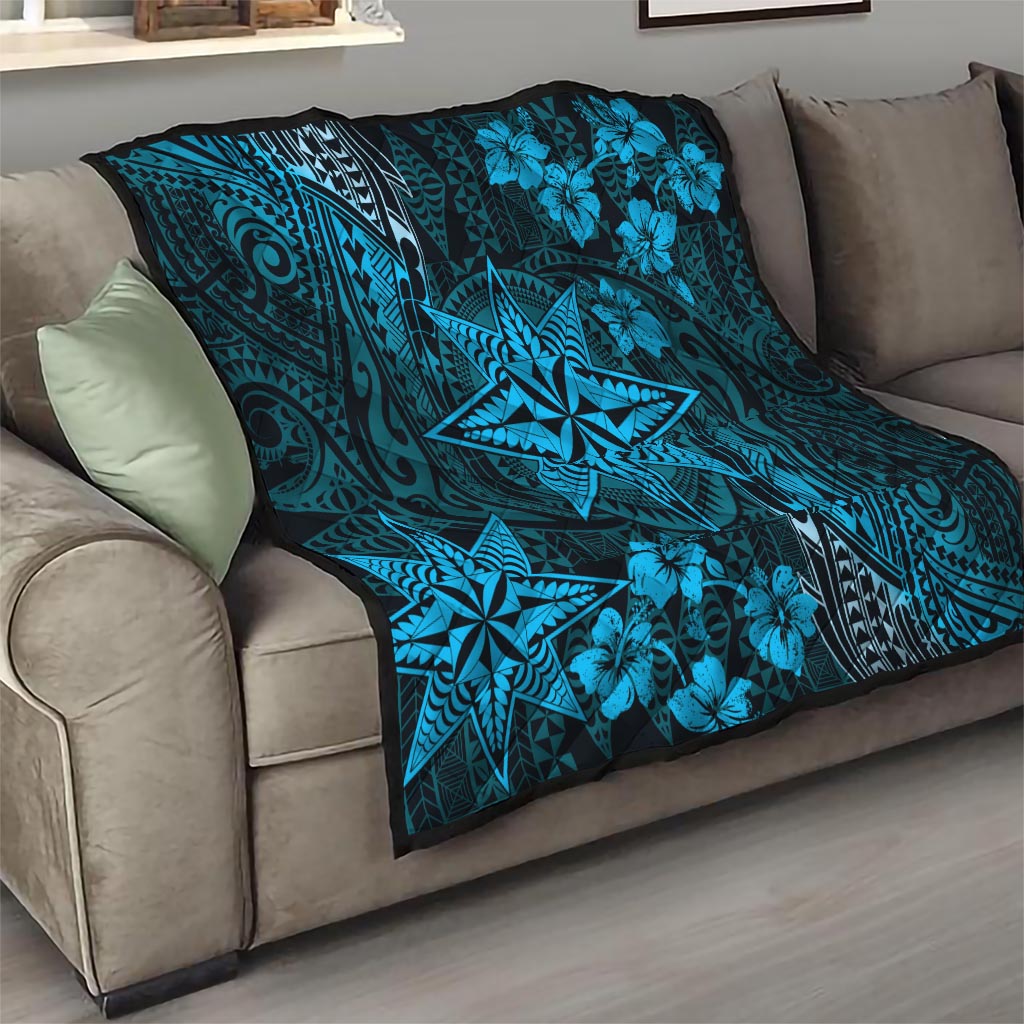 Vintage Tonga Tribal Ngatu Pattern Quilt With Pacific Floral Aqua Art LT9 - Polynesian Pride